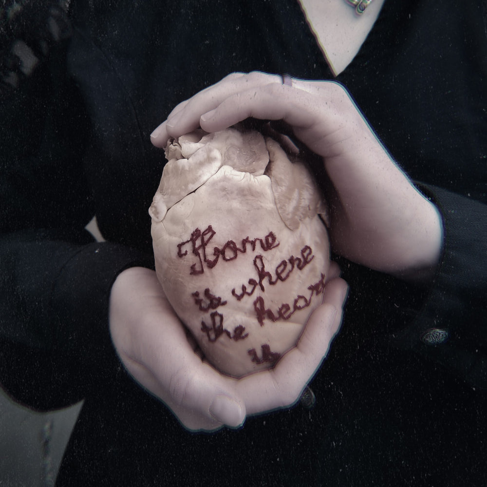 Real fluid preserved wet specimen heart embroidered with "Home is where the heart is"