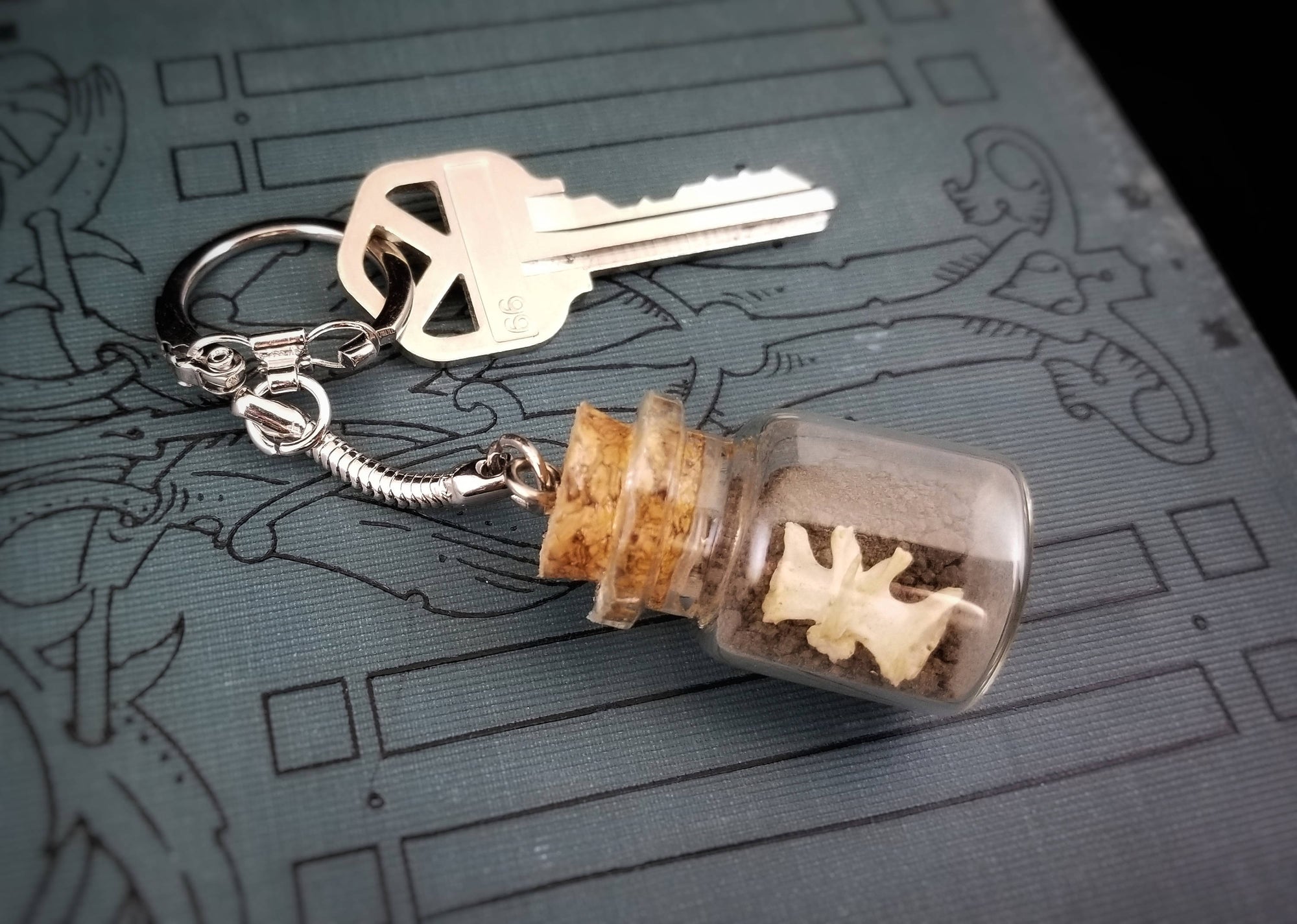 Cemetery Dirt and Bone in Glass Cork Top Bottle Keychain