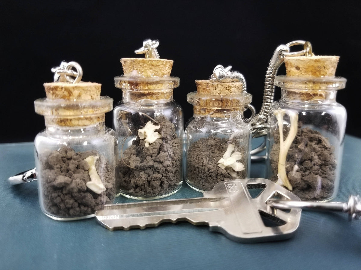 Cemetery Dirt and Bone in Glass Cork Top Bottle Keychain